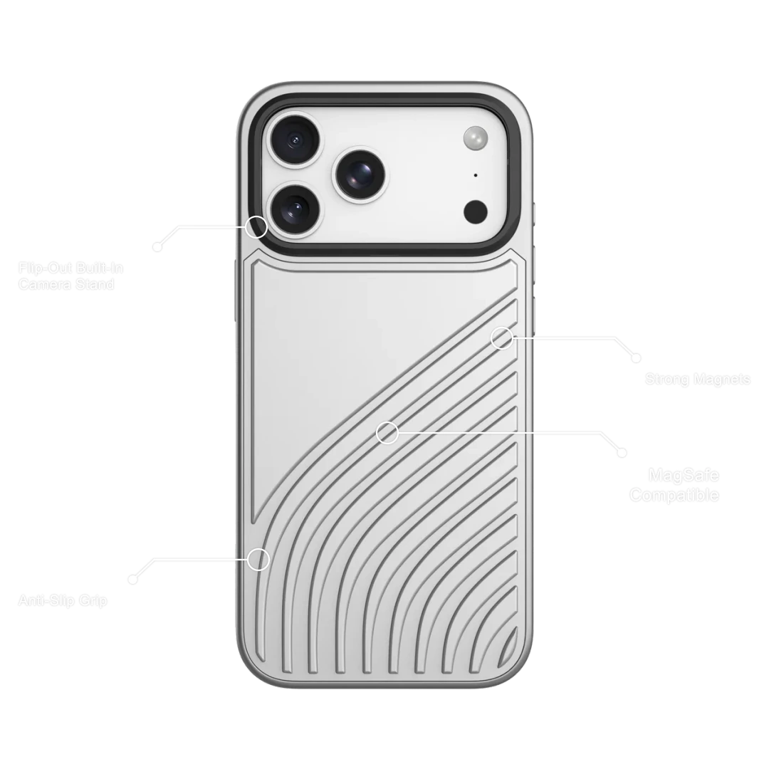 Levelo Arc MagSafe PU Leather Case with Flip-Out Bult-In Camera Stand for iPhone 18/17 Pro / Pro Max - Silver Levelo Arc MagSafe PU Leather Case with Flip-Out Bult-In Camera Stand for iPhone 18/17 Pro / Pro Max - Silver