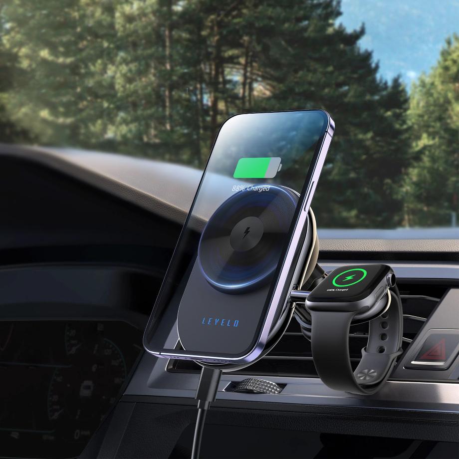Wireless Car Charger alt="wireless car charger charging iphone and apple watch in car"