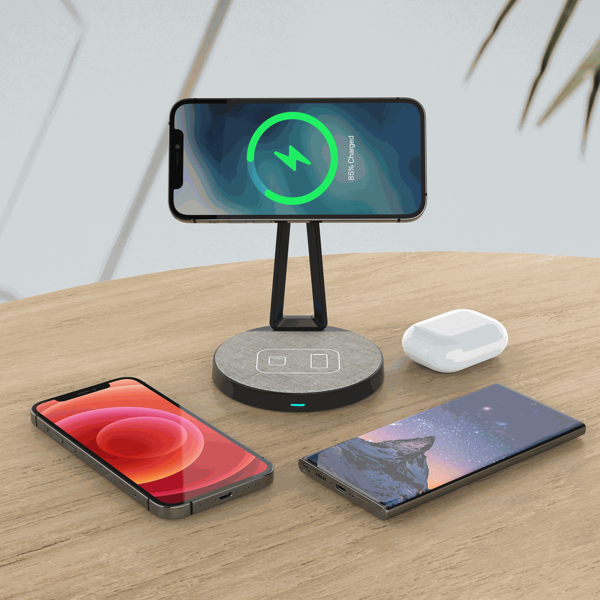 Wireless Magnetic Charging Stand alt="charging stand is charging smartphone and earbuds wirelessly"