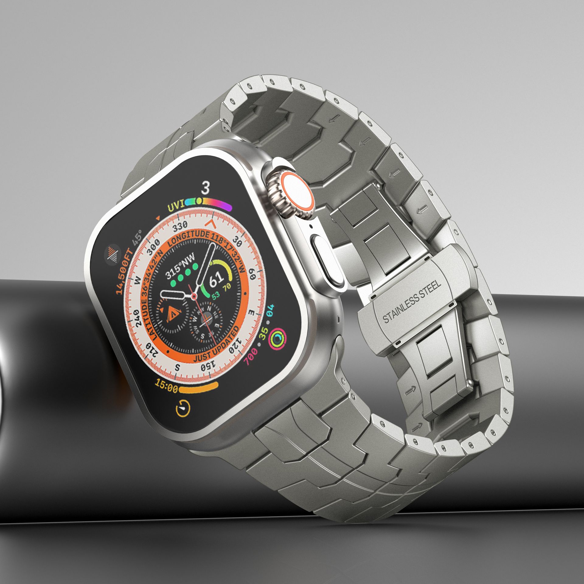 alt="silver stainless steel apple smart watch strap"