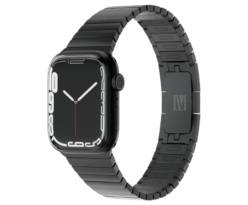 alt="metal watch strap fitted on smartwatch on white background"