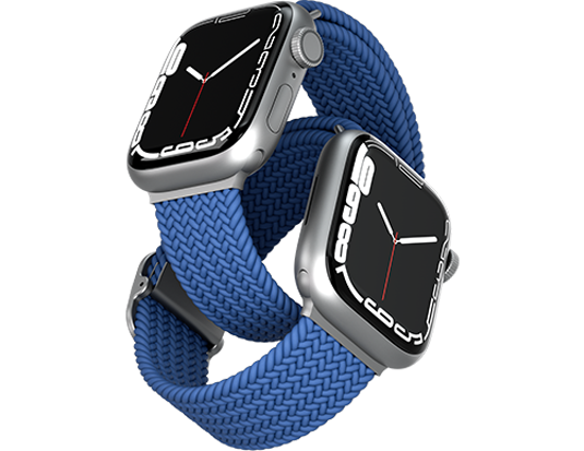 alt=" woven smartwatch strap fitted onto smartwatch"