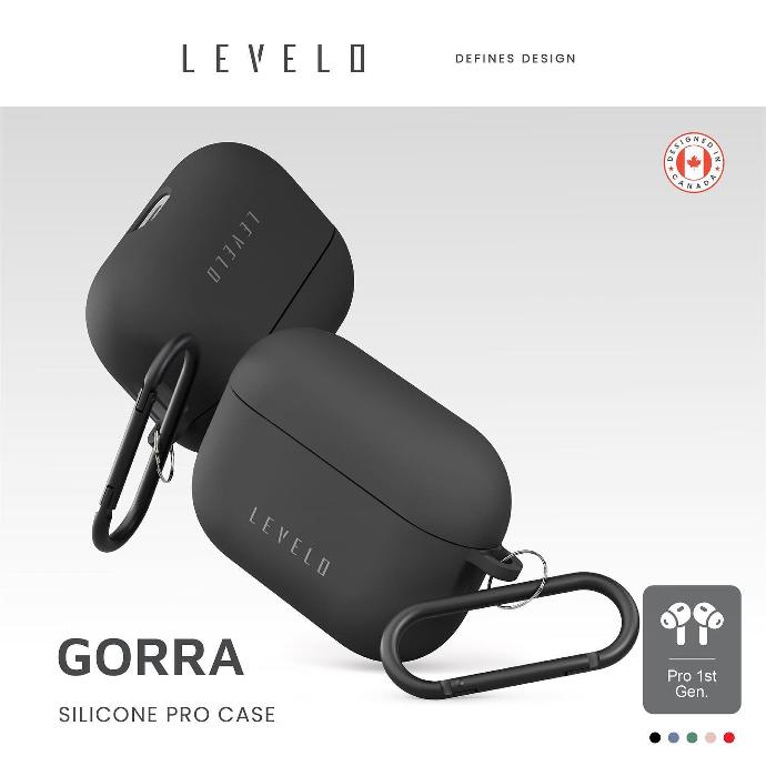 alt="black airpods case with easy hook on grey background"