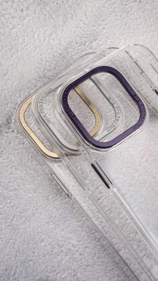 alt="MagSafe Sensa Clear Back Case purple, silver and gold on together"