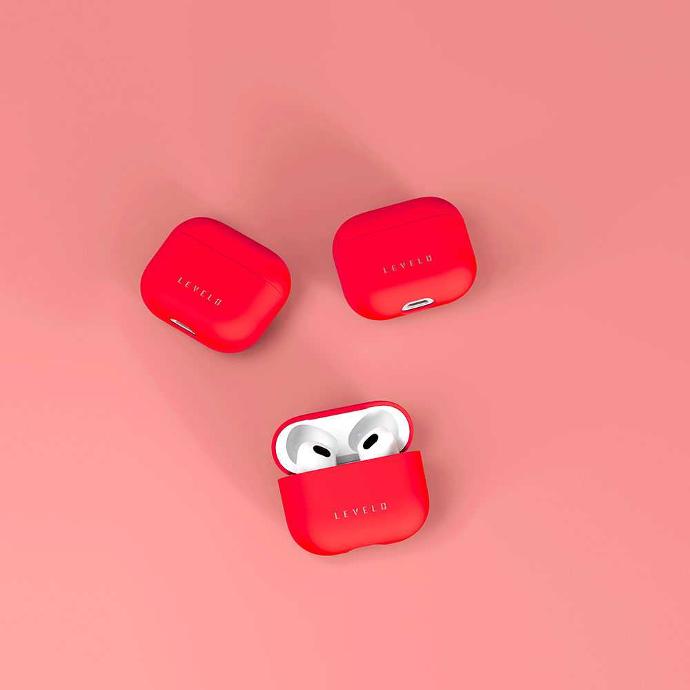 alt="Red Airpods 3 case with silicone material"