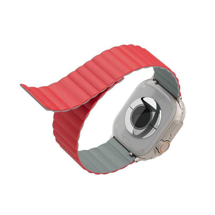 alt="red and grey silicone smart watch strap"