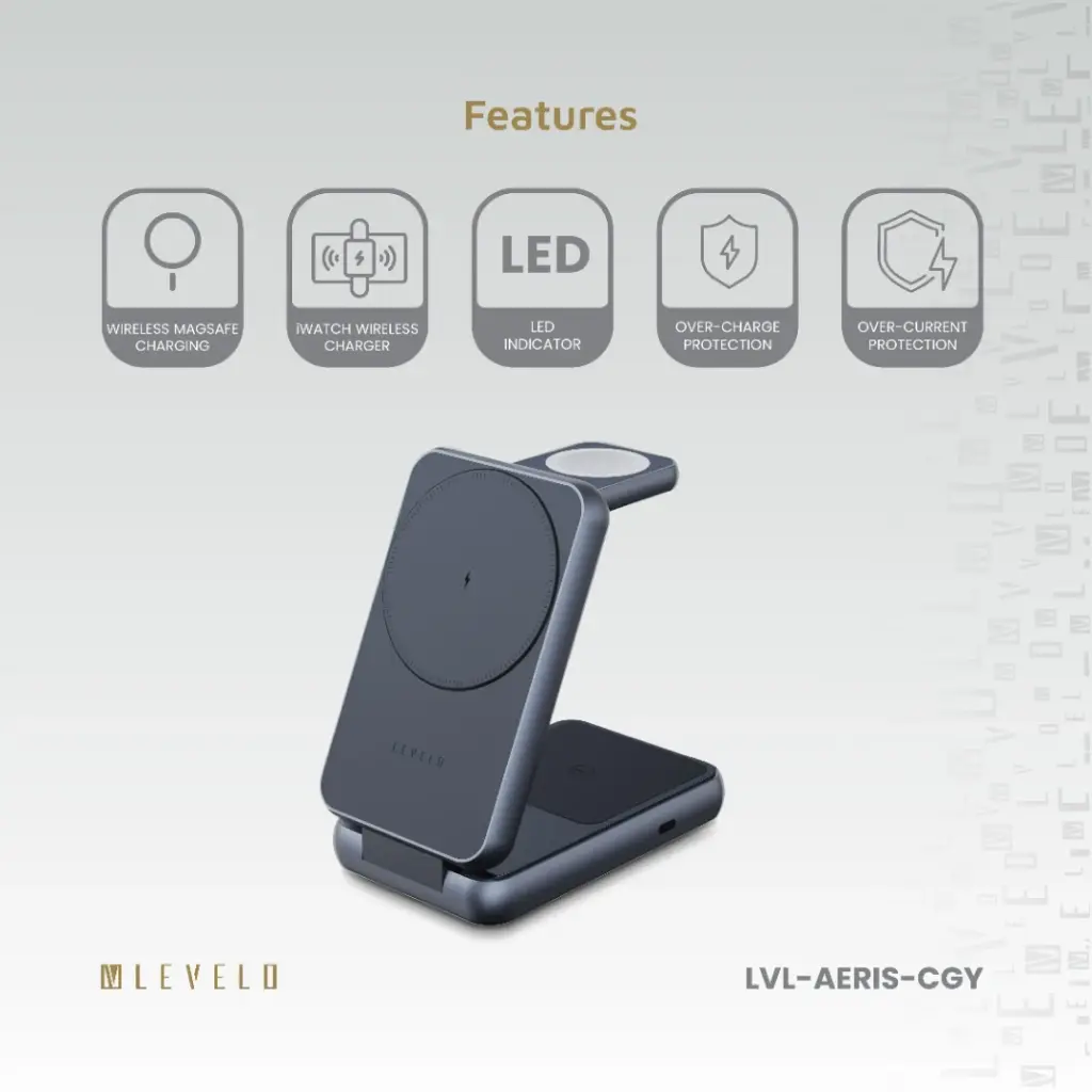 Levelo Aeris 3 in 1 Foldable Wireless Charger - Cloudy Gray