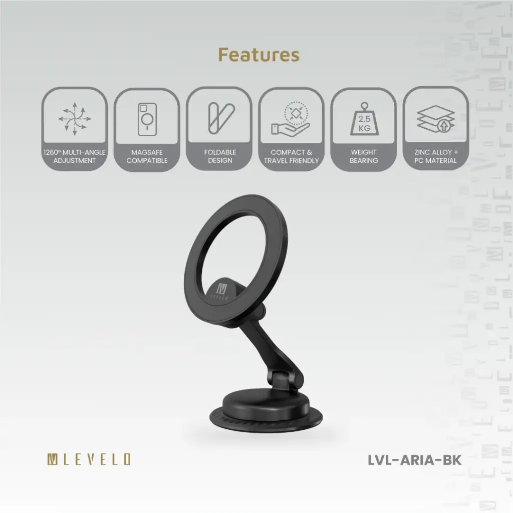 Levelo Aria MagSafe Car Phone Holder With Rotatable Base - Metallic Black