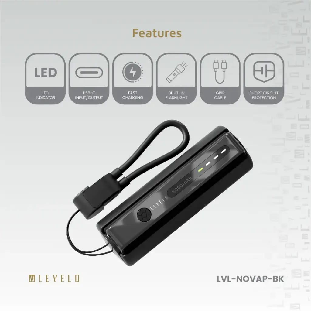Levelo Nova Pro 5000mAh Power Bank with Flashlight - Black
