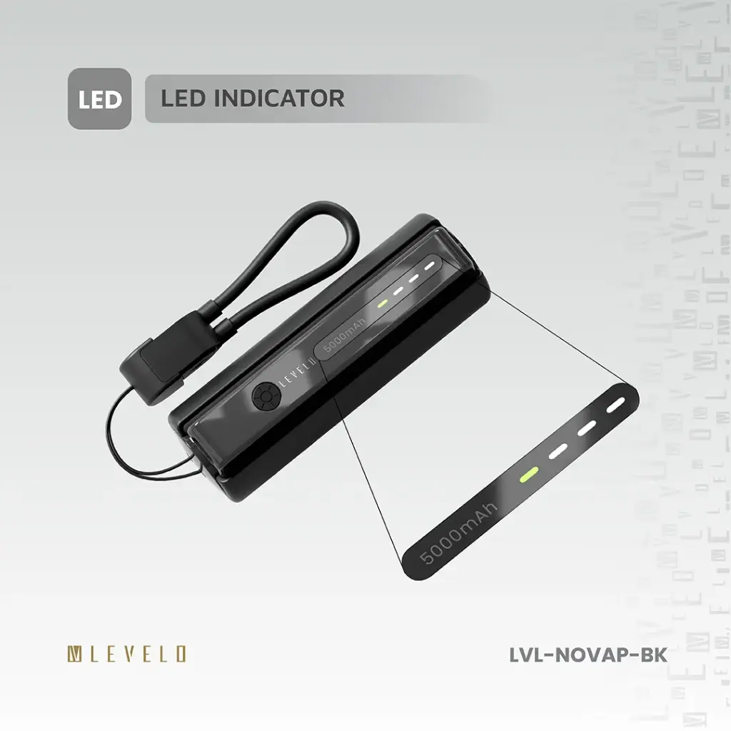 Levelo Nova Pro 5000mAh Power Bank with Flashlight - Black