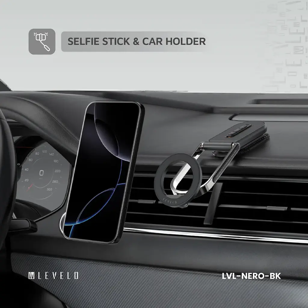 Levelo Nero MagSafe Car Holder & Selfie Stick - Black