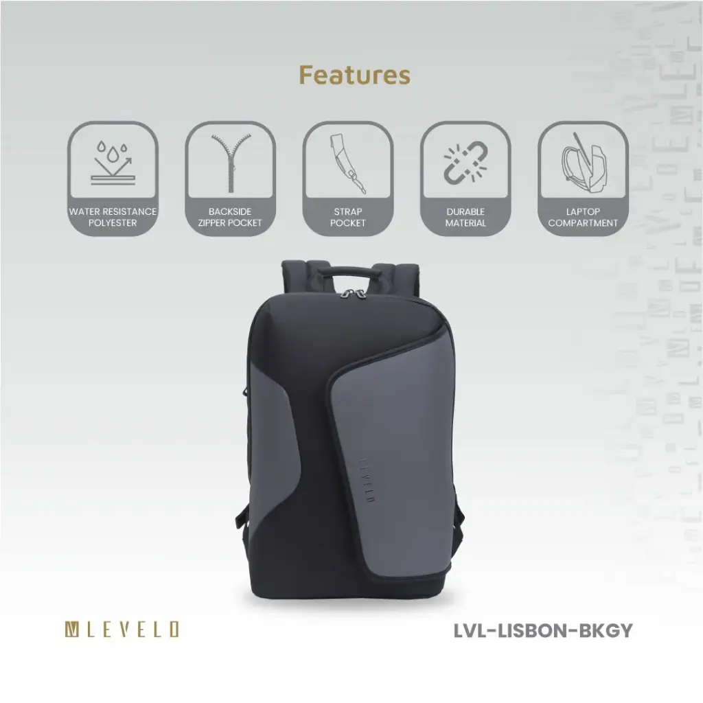 Levelo Lisbon Carrying Laptop/Universal 15.6” Backpack - Black/Grey