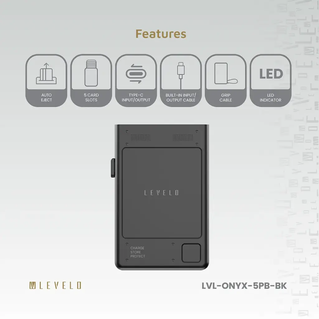 Levelo Onyx Portable 5000mAh 3 in 1 Cardholder Power Bank - Black