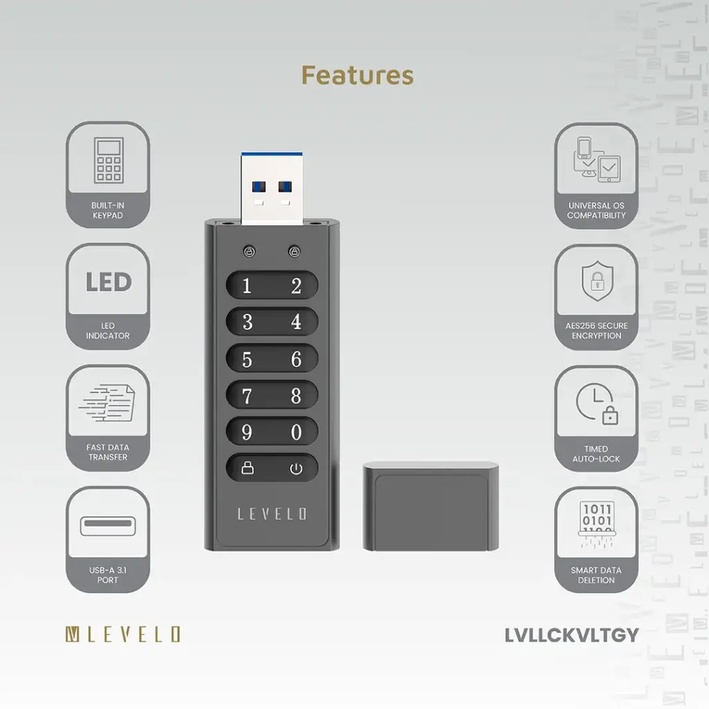 Levelo Lockvault Digital 128GB Encrypted USB Flash Drive - Gray