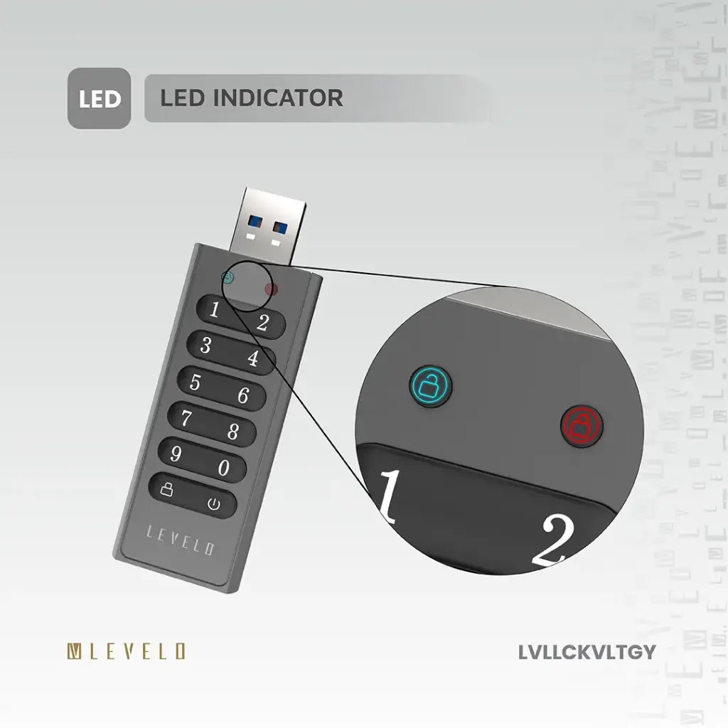 Levelo Lockvault Digital 128GB Encrypted USB Flash Drive - Gray