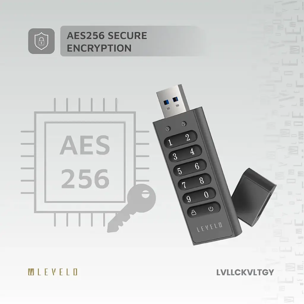 Levelo Lockvault Digital 128GB Encrypted USB Flash Drive - Gray
