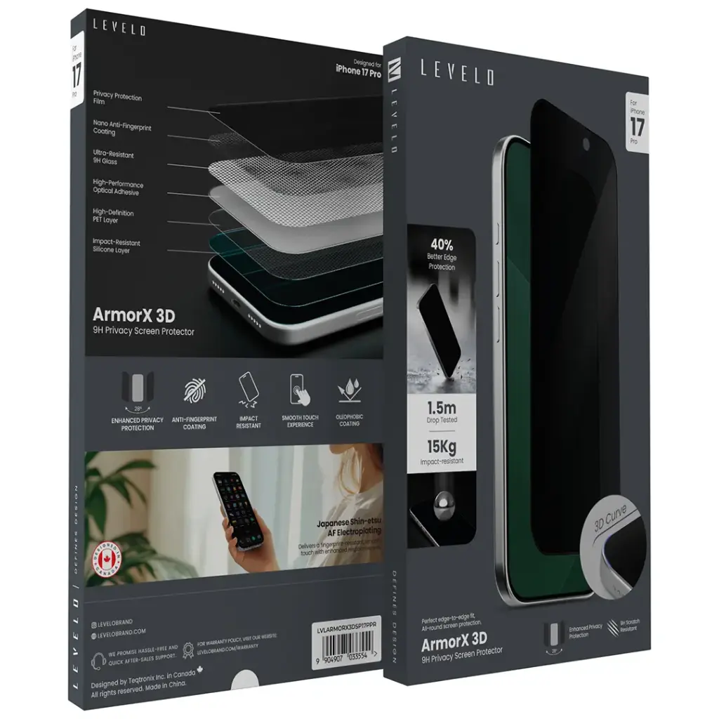Levelo ArmorX 3D 9H Screen Protector for iPhone 17 & Pro - Privacy