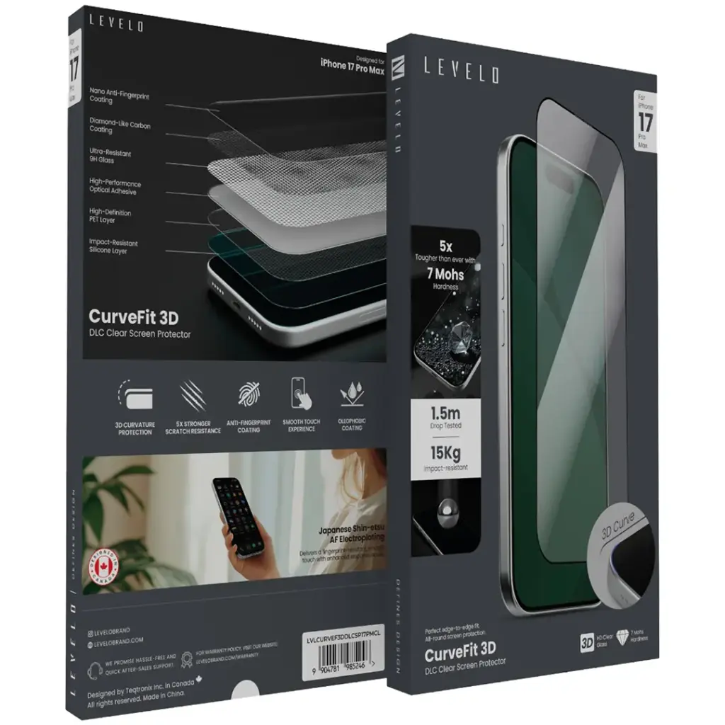 Levelo CurveFit 3D DLC Screen Protector for iPhone 17 Pro Max - Clear