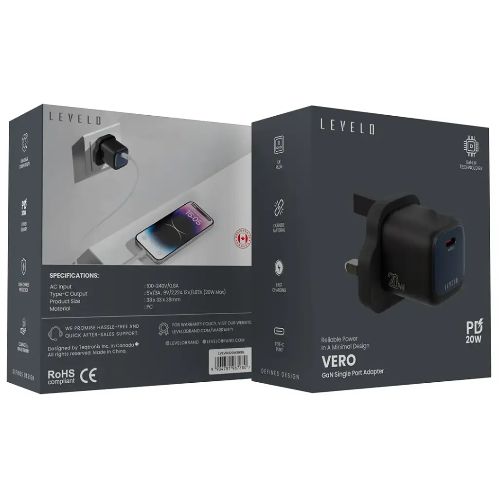 Levelo Vero GaN Single Port Adapter 20W - Black  Blue (2).webp