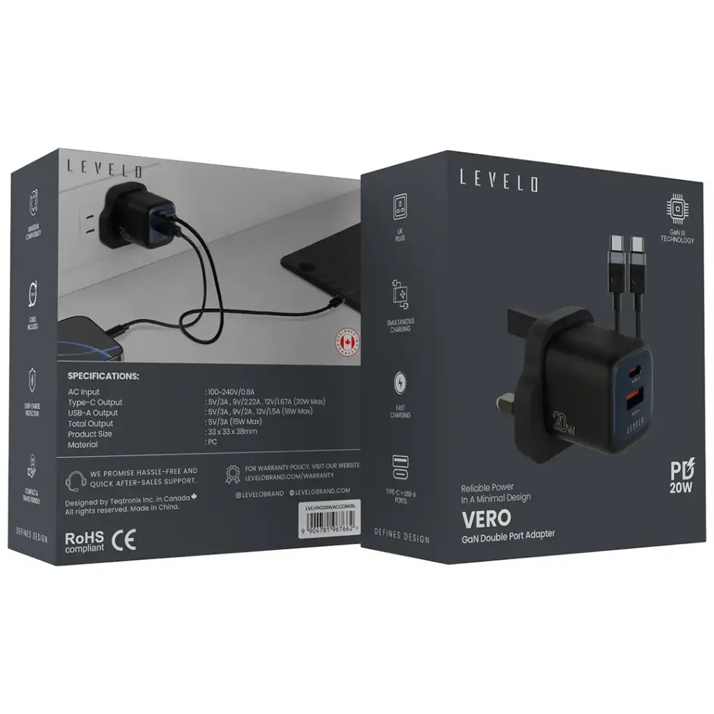 Levelo Vero GaN Double Port Adapter 20W with Type-C to Type-C Cable - Black Blue (3).webp