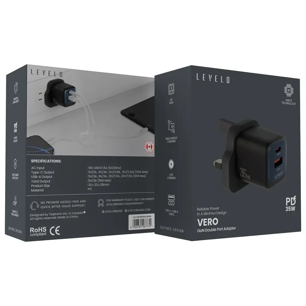 Levelo Vero GaN Double Port Adapter 35W - Black  Blue (2).webp