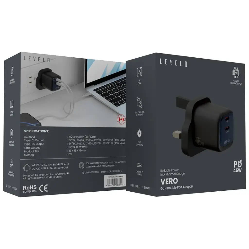 Levelo Vero GaN Double Port Adapter 45W - Black  Blue (3).webp