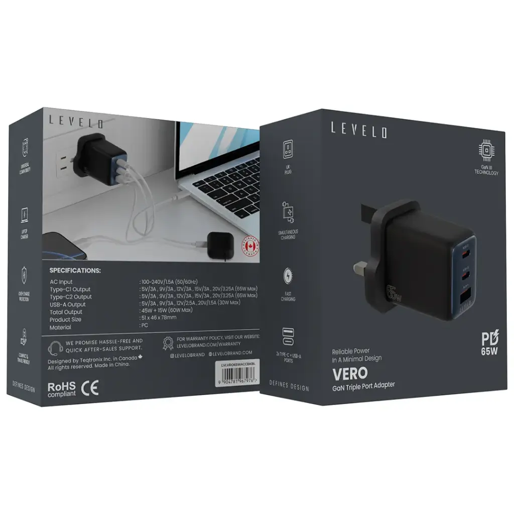 Levelo Vero GaN Double Port Adapter 65W - Black  Blue (2).webp