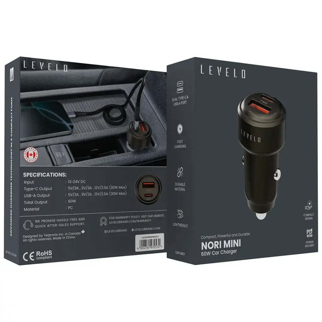Levelo Nori Mini 60W Car Charger - Gun Grey .webp