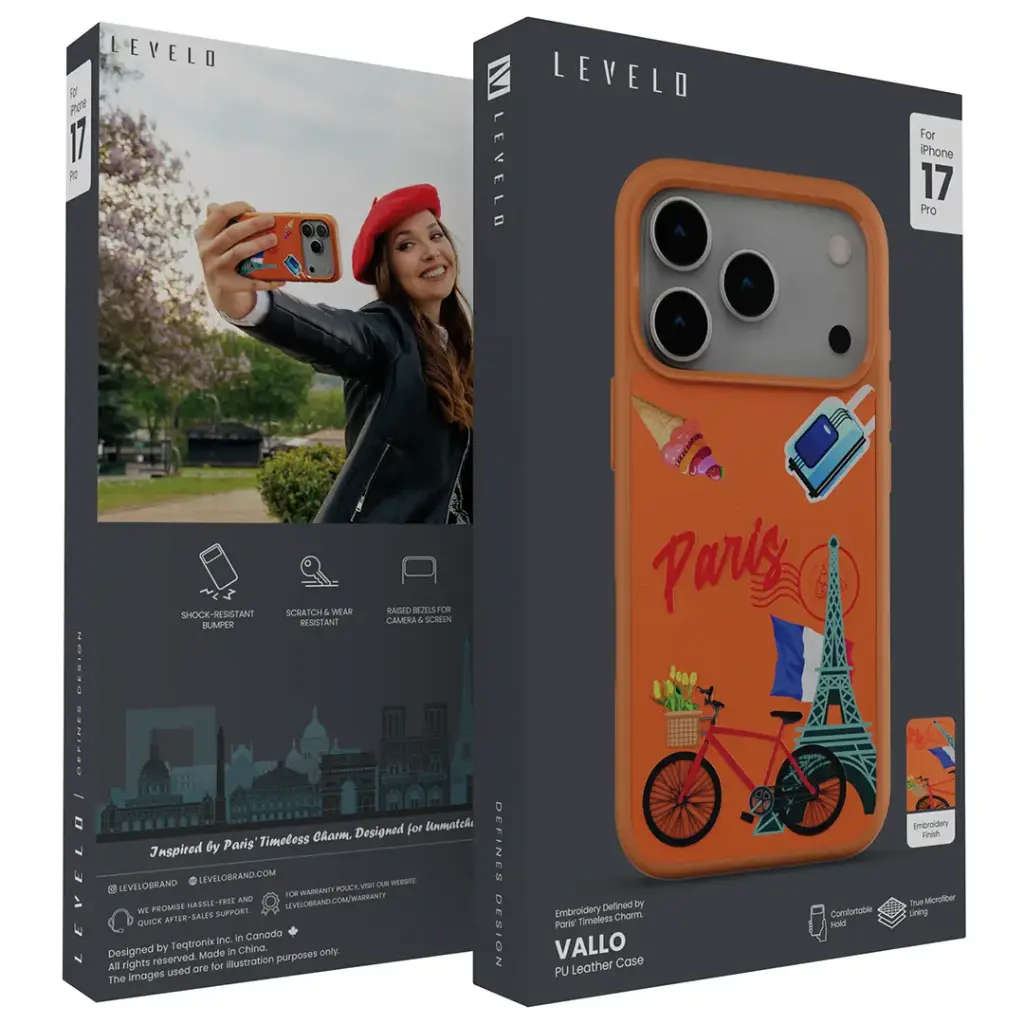 Levelo Vallo PU leather Case With Paris-Dubai-London Embroidery Design for iPhone 17 Pro-Pro Max.webp