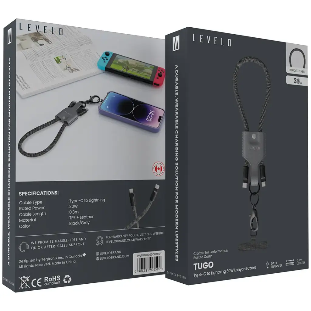 Levelo Tugo Type-C to Lightning 30W Lanyard Cable - Gray.webp4.webp