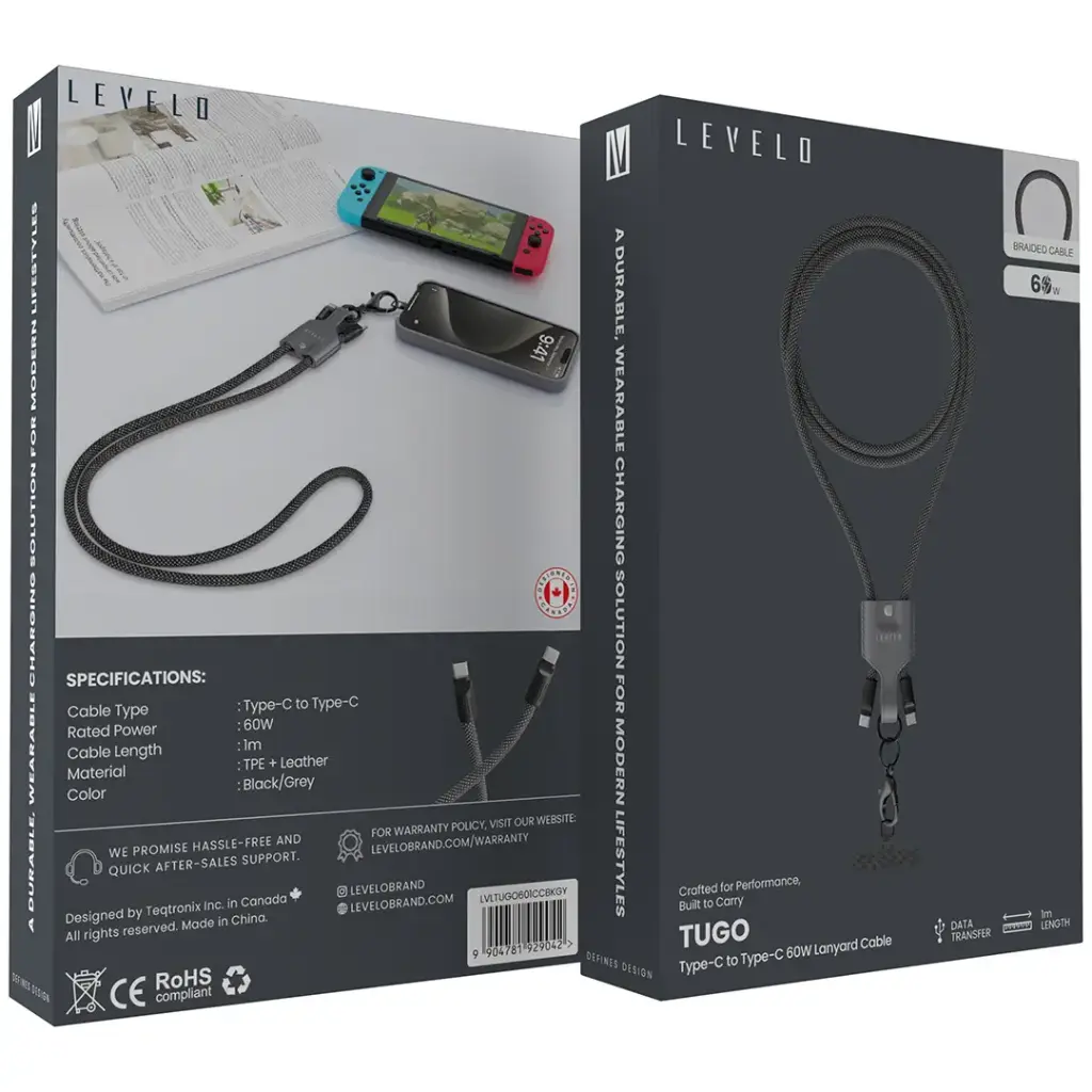 Levelo Tugo Type-C to Type-C 60W Lanyard Cable - Gray.webp