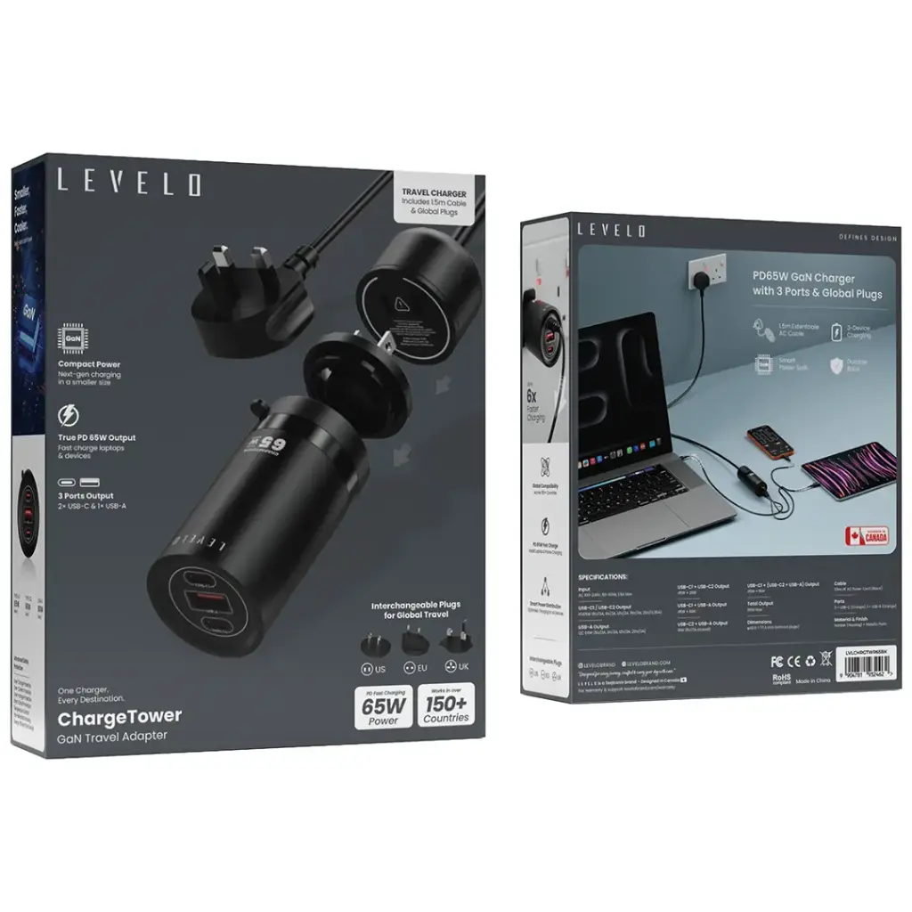 Levelo ChargeTower GaN Travel Adapter - Black2.webp