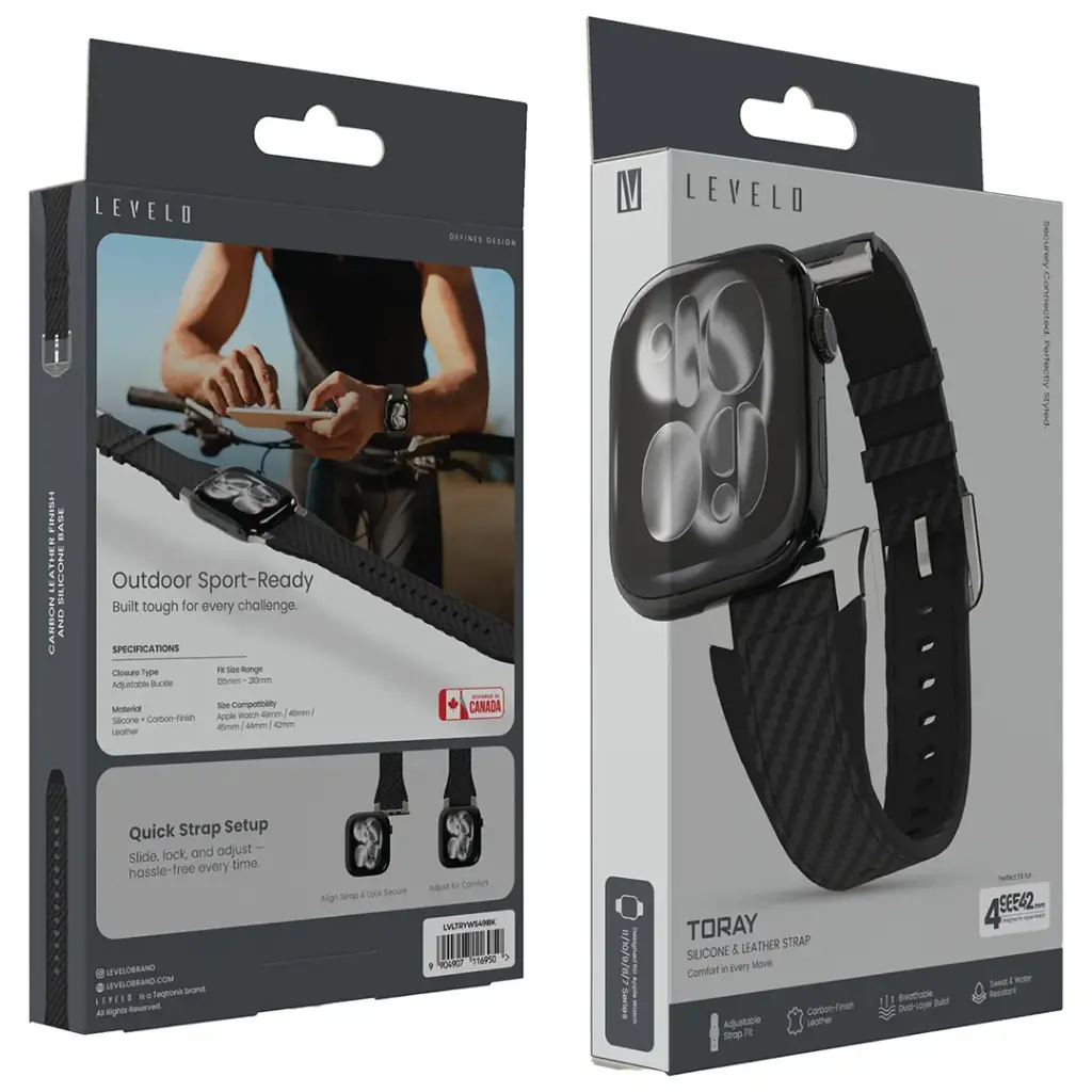 Levelo Toray Silicone & Leather Watch Strap - Black.webp