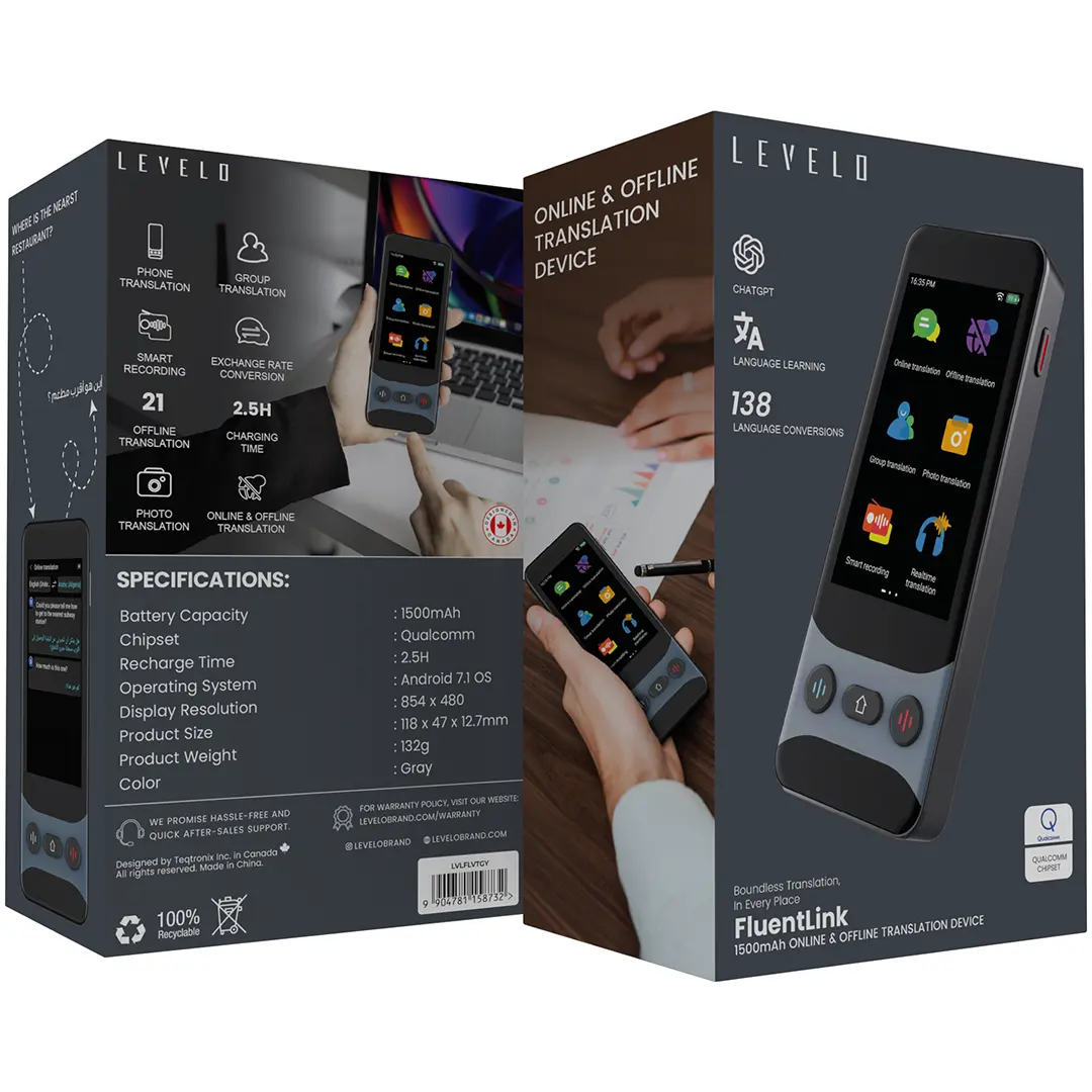 Levelo FluentLink Offline & Online Voice Translator - Grey.webp