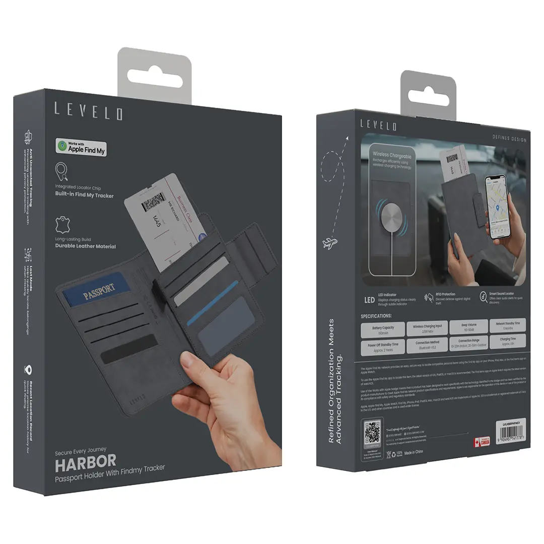 Levelo Harbor Passport Holder with Find My Tracker – Grey