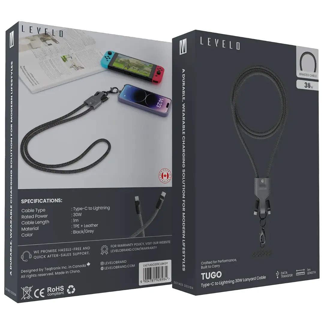 Levelo Tugo Type-C to Lightning 30W 1M Lanyard Cable - Black/Grey