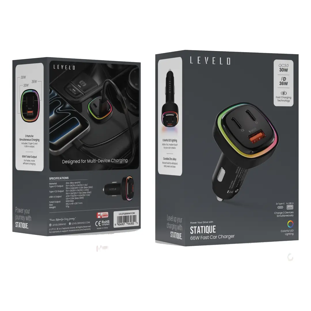 Levelo Statique 66W Car Charger with USB and Dual Type-C Ports - Black