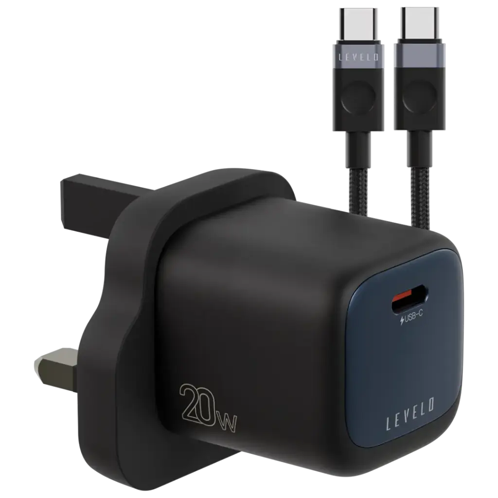 Levelo Vero GaN Single Port Adapter 20W with Type-C to Type-C/Lightning Cable - Black / Blue