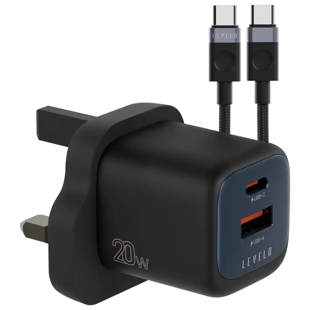 Levelo Vero GaN Double Port Adapter 20W with Type-C to Type-C Cable - Black / Blue