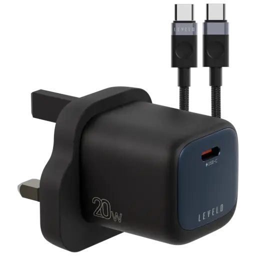 Levelo Vero GaN Single Port Adapter 20W with Type-C to Type-C/Lightning Cable - Black / Blue