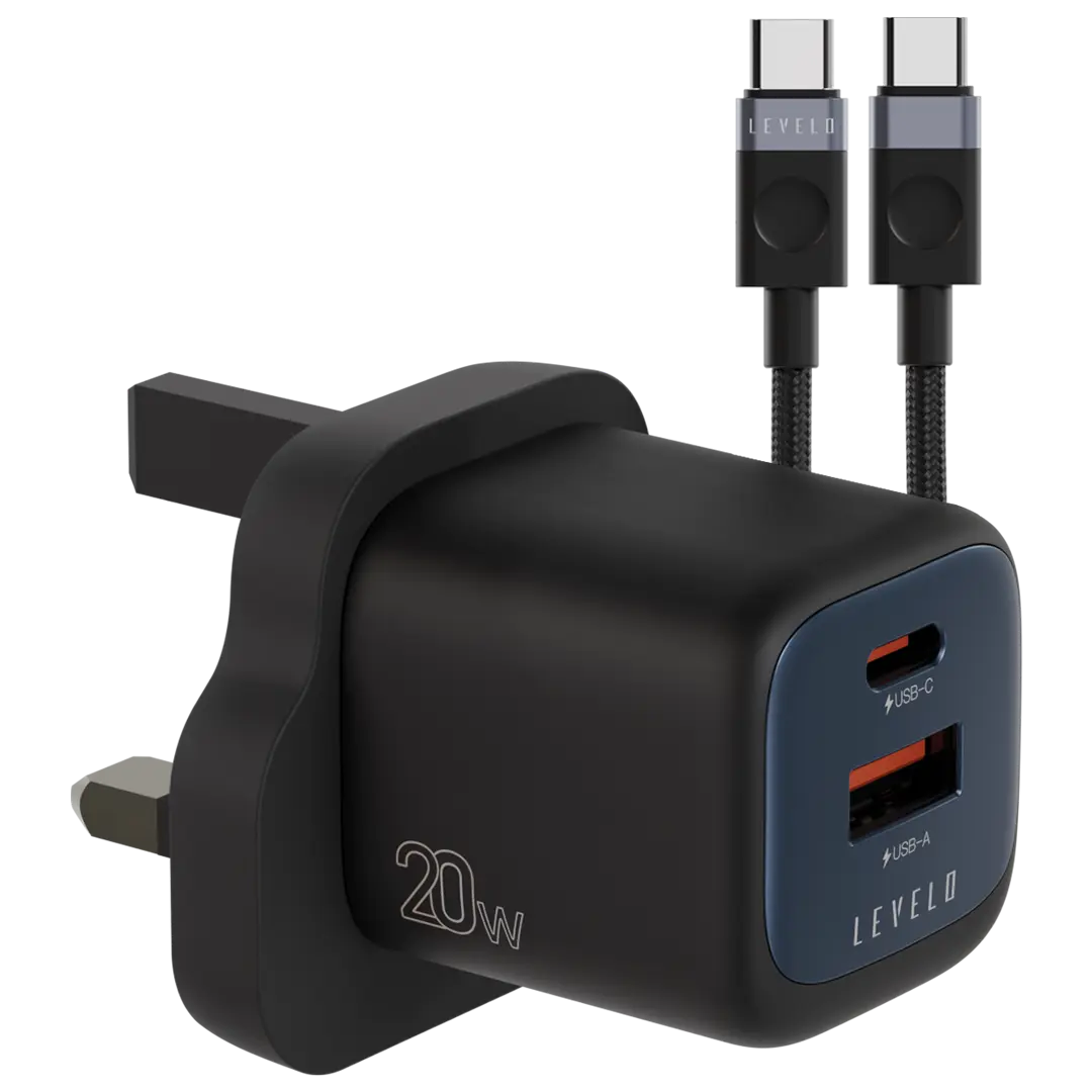 Levelo Vero GaN Double Port Adapter 20W with Type-C to Type-C Cable - Black / Blue