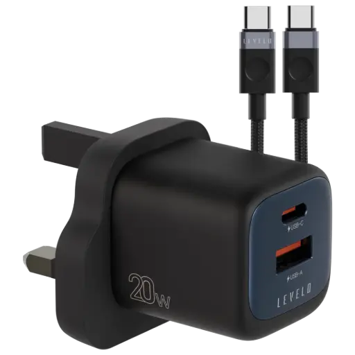 [LVLVRO20WACCCBKBL] Levelo Vero GaN Double Port Adapter 20W with Type-C to Type-C Cable - Black / Blue